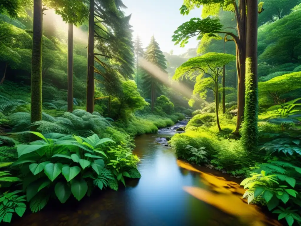 Bosque exuberante y vibrante, lleno de vida y vitalidad, con un arroyo serpenteante