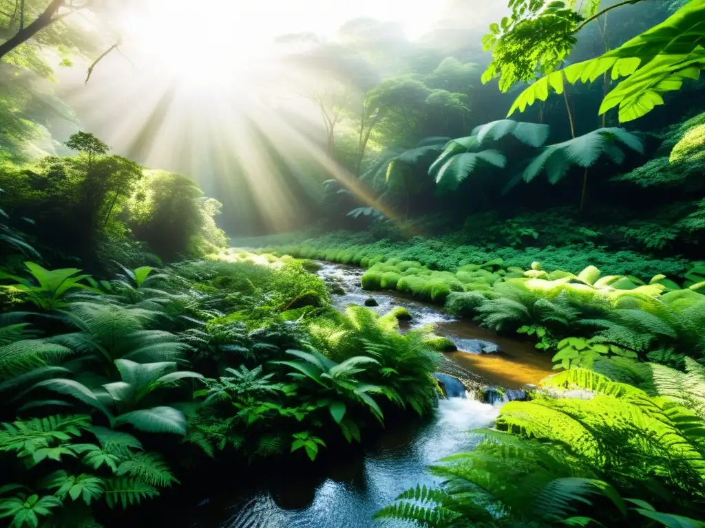 Biodiversidad en el bosque: belleza natural y conexión ecológica Un bosque sereno y exuberante con luz solar filtrándose a través del dosel, iluminando un arroyo mientras serpentea por el sotobosque