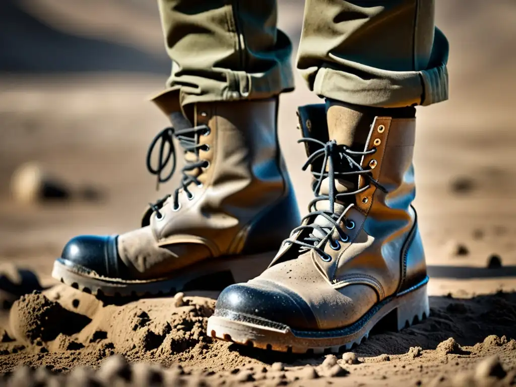 Botas de combate desgastadas por la guerra, cubiertas de barro y polvo