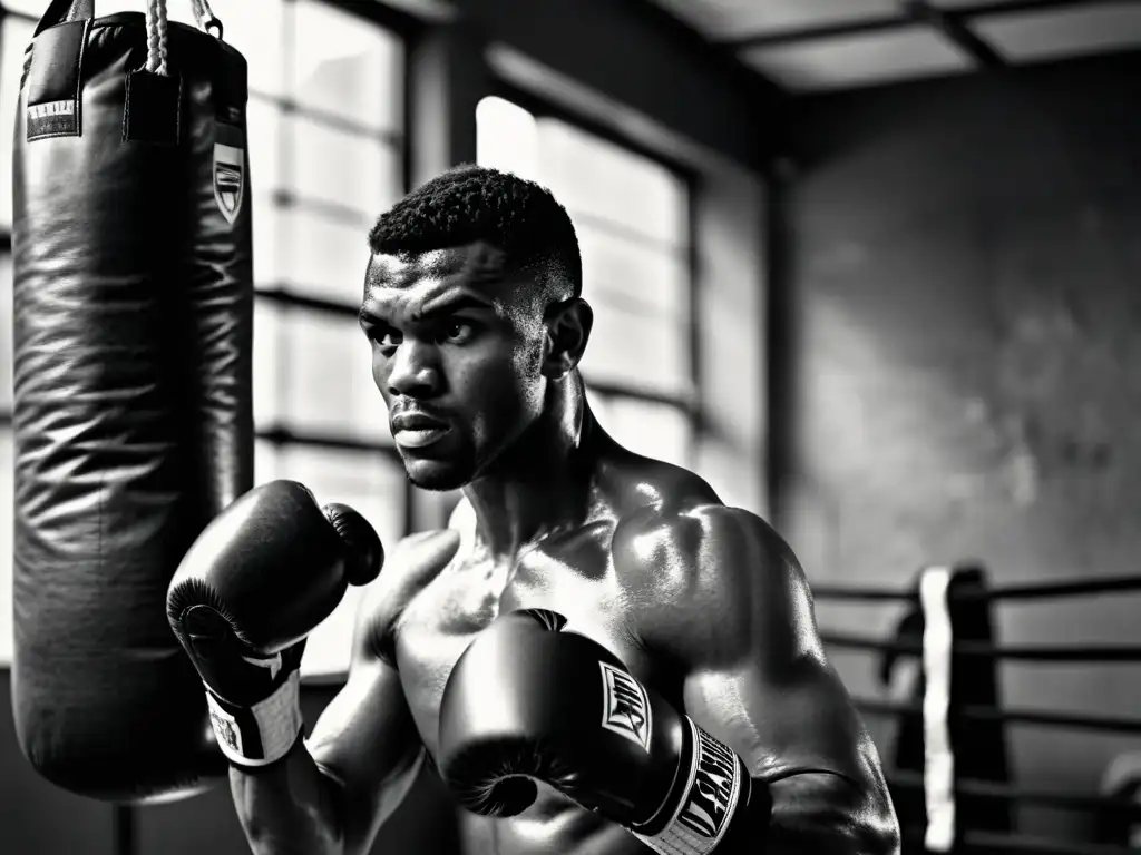 Entrenamiento de boxeo: determinación en el gimnasio urbano Un boxeador se enfoca en el entrenamiento en un gimnasio urbano