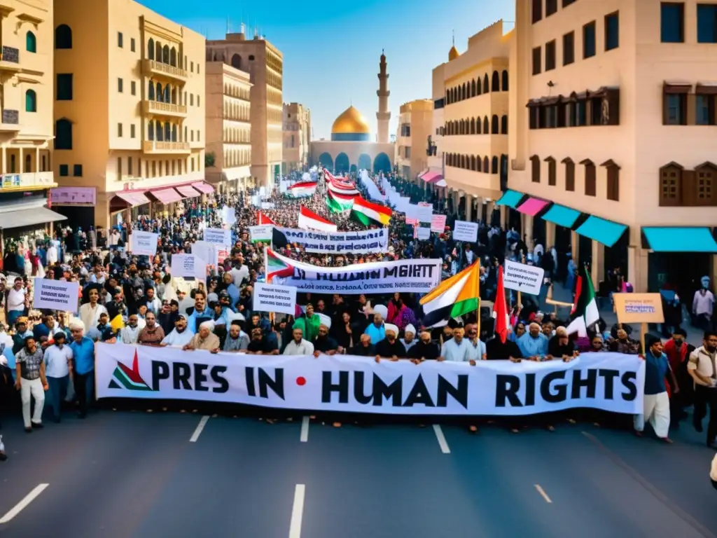 Manifestación en una bulliciosa calle del Medio Oriente, con activistas y carteles por los derechos humanos