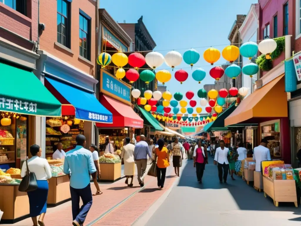 Una bulliciosa calle de la ciudad muestra la importancia de los derechos humanos en la vida cotidiana, con diversidad cultural y actividad económica