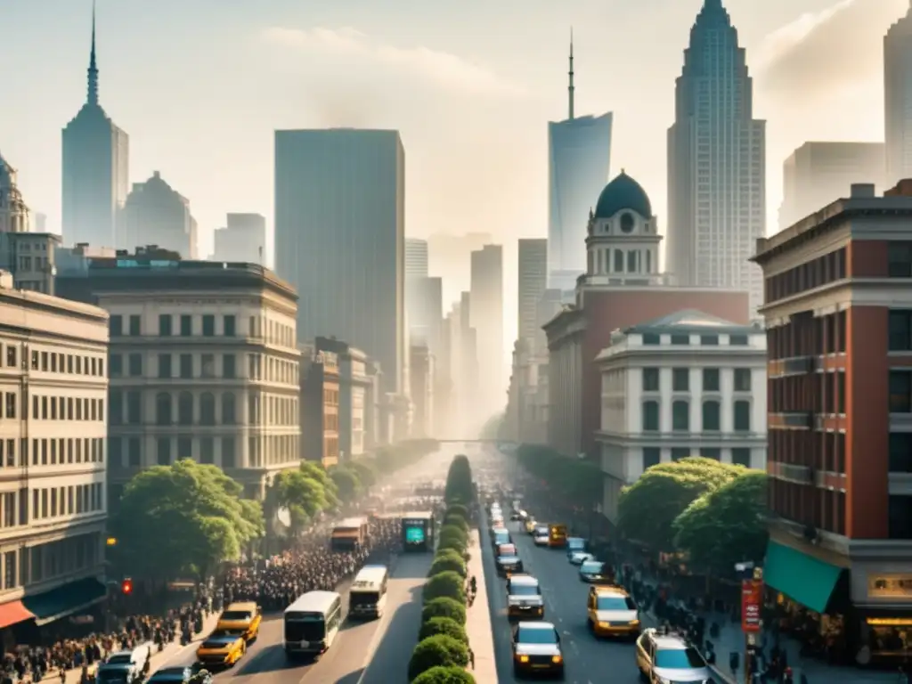 Una bulliciosa calle de la ciudad llena de gente, tráfico y rascacielos, con un trasfondo de smog