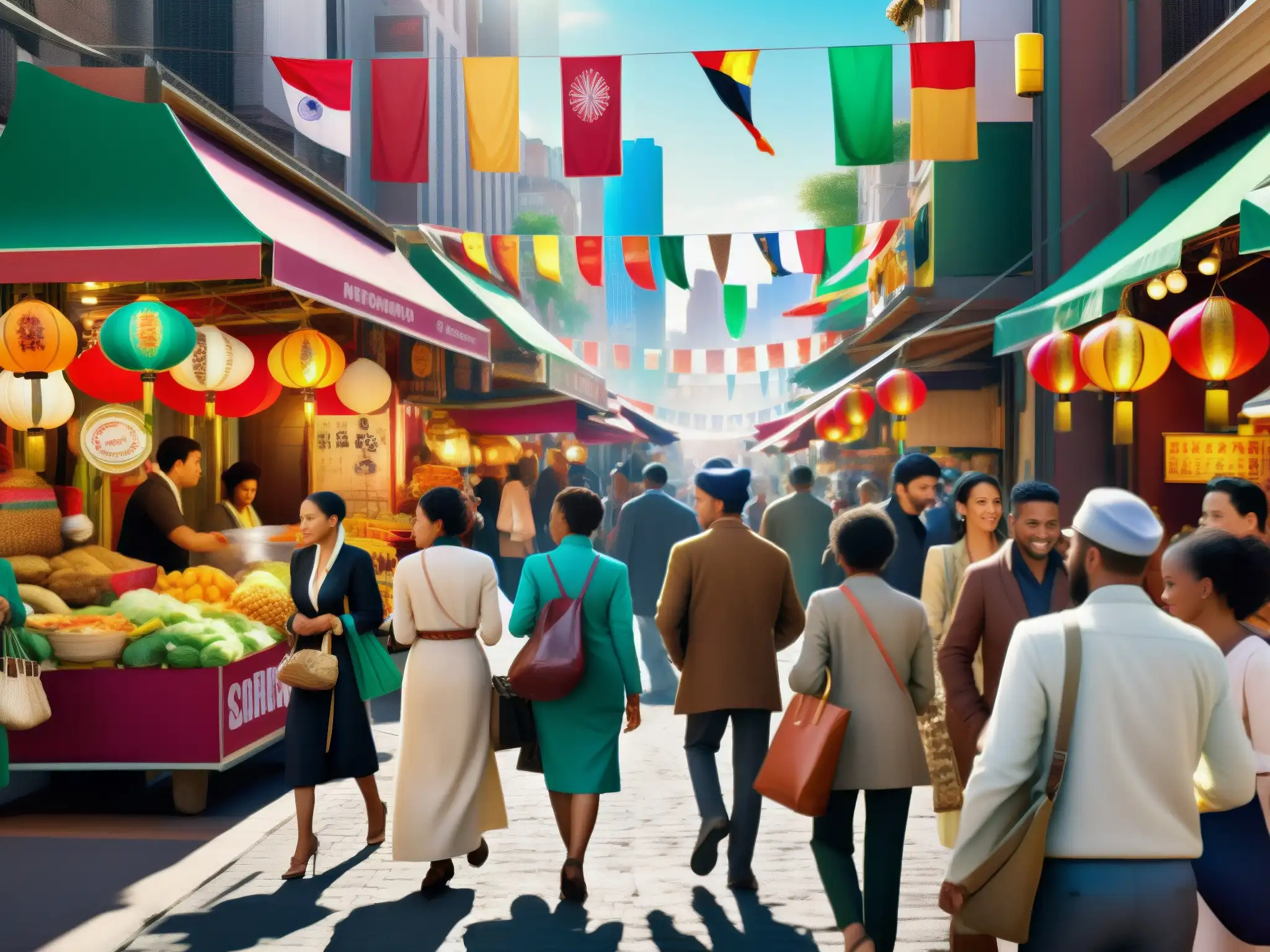 Una bulliciosa calle de la ciudad llena de personas de diversos orígenes culturales, mostrando una mezcla de vestimenta tradicional y moderna, vendedores ambulantes ofreciendo cocina global y letreros multiculturales