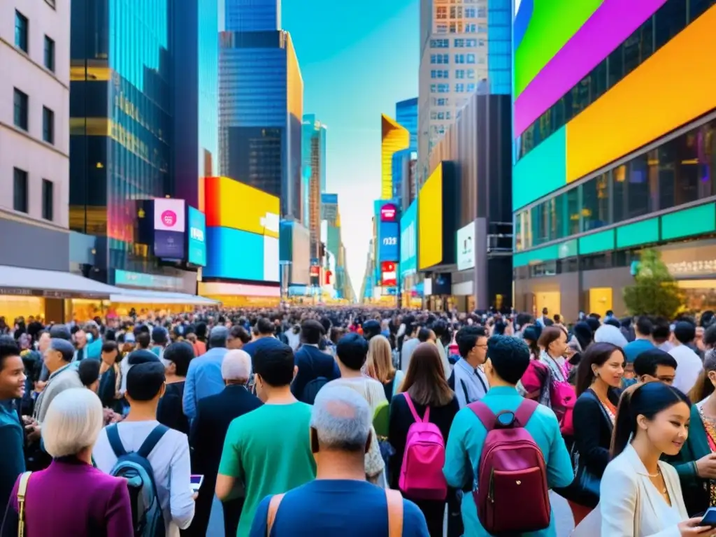 Una bulliciosa calle de la ciudad llena de personas de todas las edades y orígenes, cada uno absorto en sus teléfonos inteligentes con aplicaciones de redes sociales visibles en sus pantallas