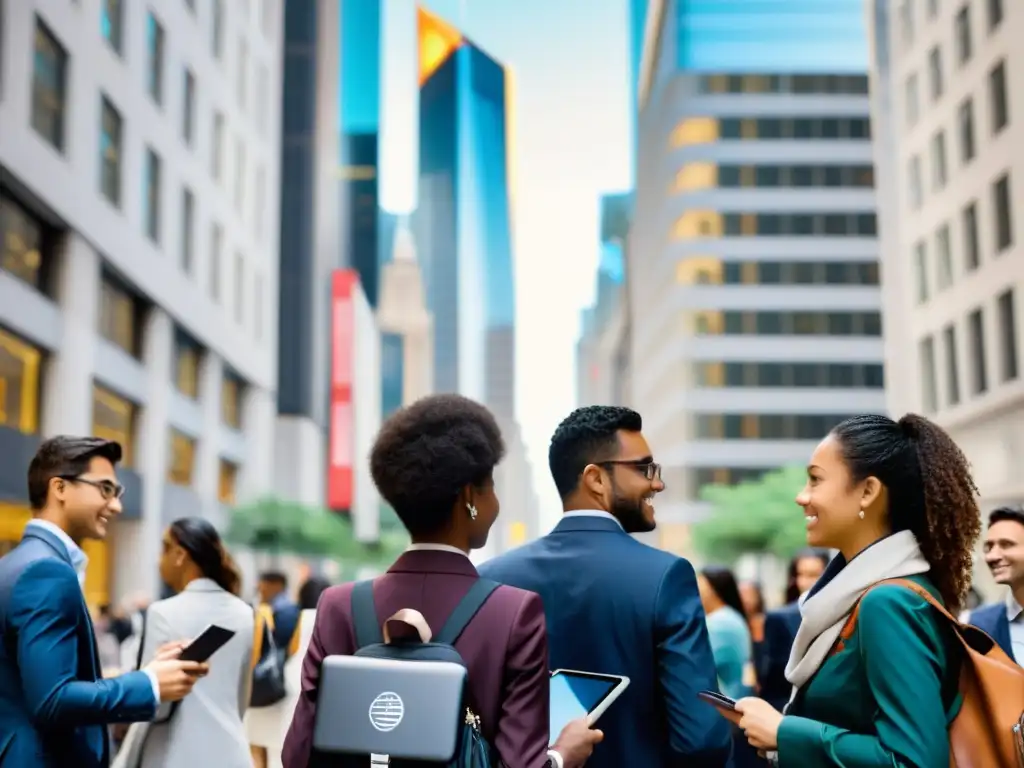 Una bulliciosa calle de la ciudad con personas de distintas culturas, edificios altos y estudiantes en una sesión virtual