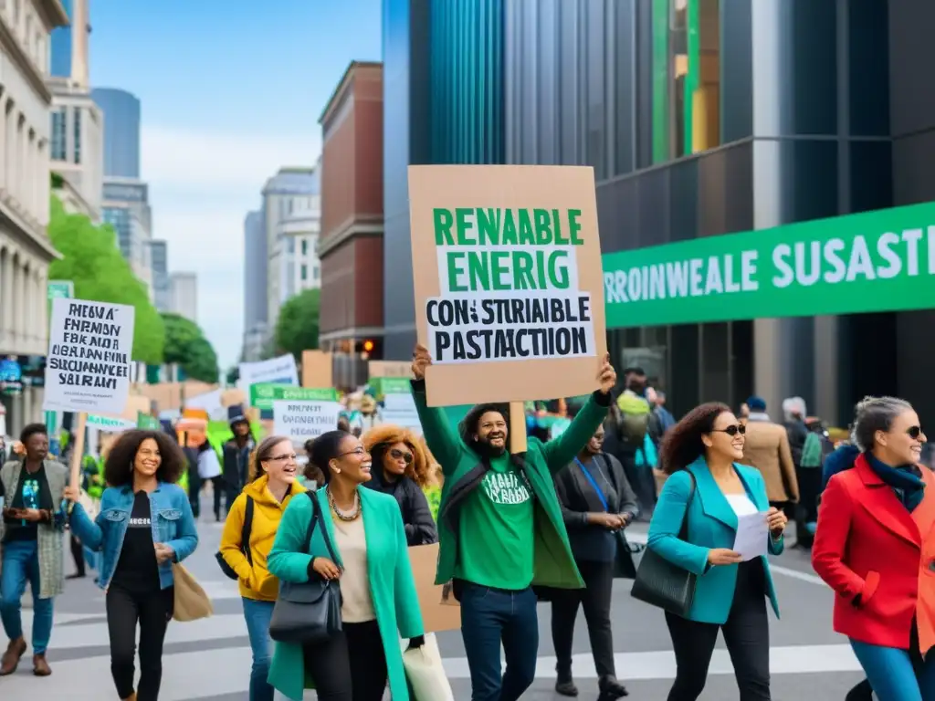 Un bullicioso cruce de calles urbanas con activistas ambientales sosteniendo pancartas coloridas, promoviendo la conservación y prácticas sostenibles