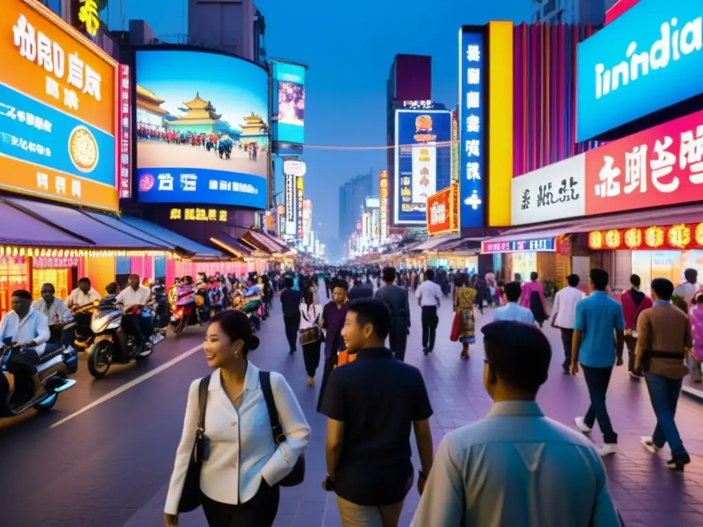 Un bullicioso escenario urbano con luces de neón y vallas publicitarias, muestra una mezcla de entretenimiento internacional y local