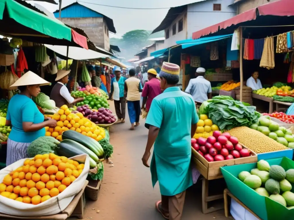 Un bullicioso mercado callejero en un país en desarrollo, repleto de frutas y verduras coloridas, artesanías y ropa