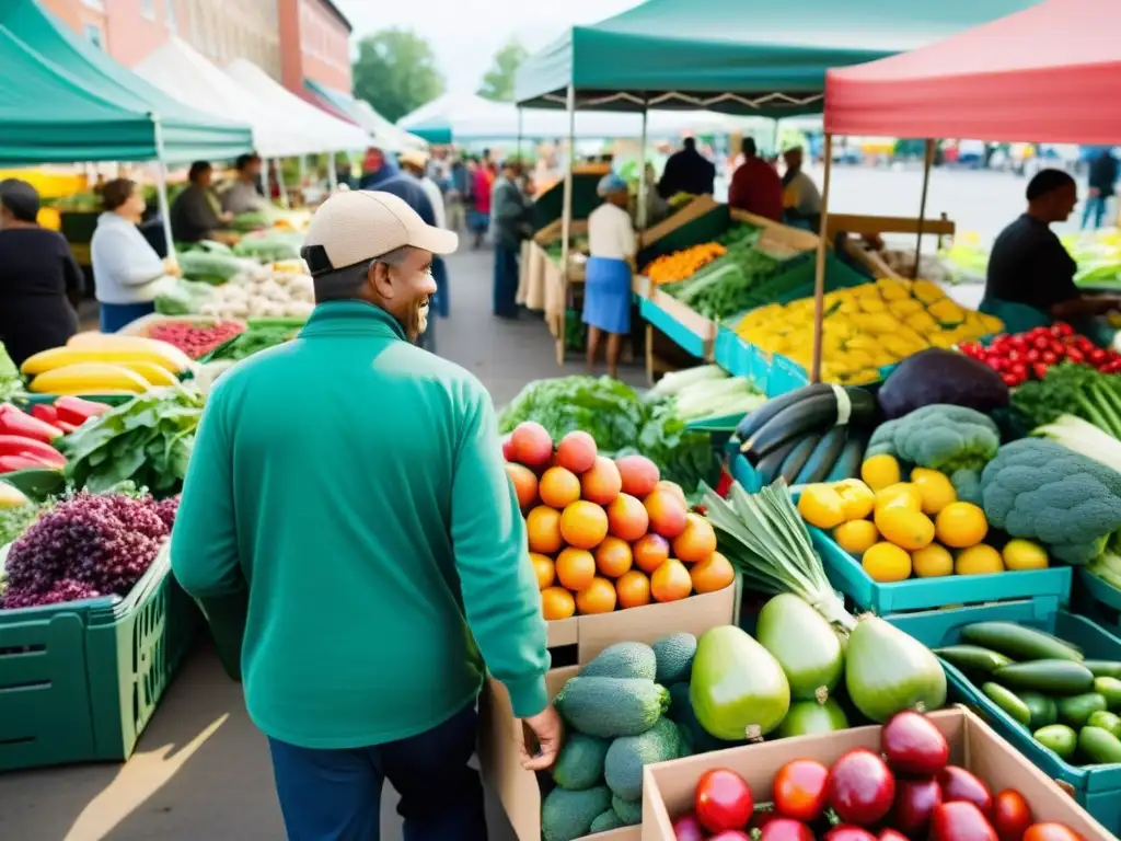 Un bullicioso mercado agrícola local repleto de frutas y verduras frescas, donde los agricultores locales interactúan con los clientes