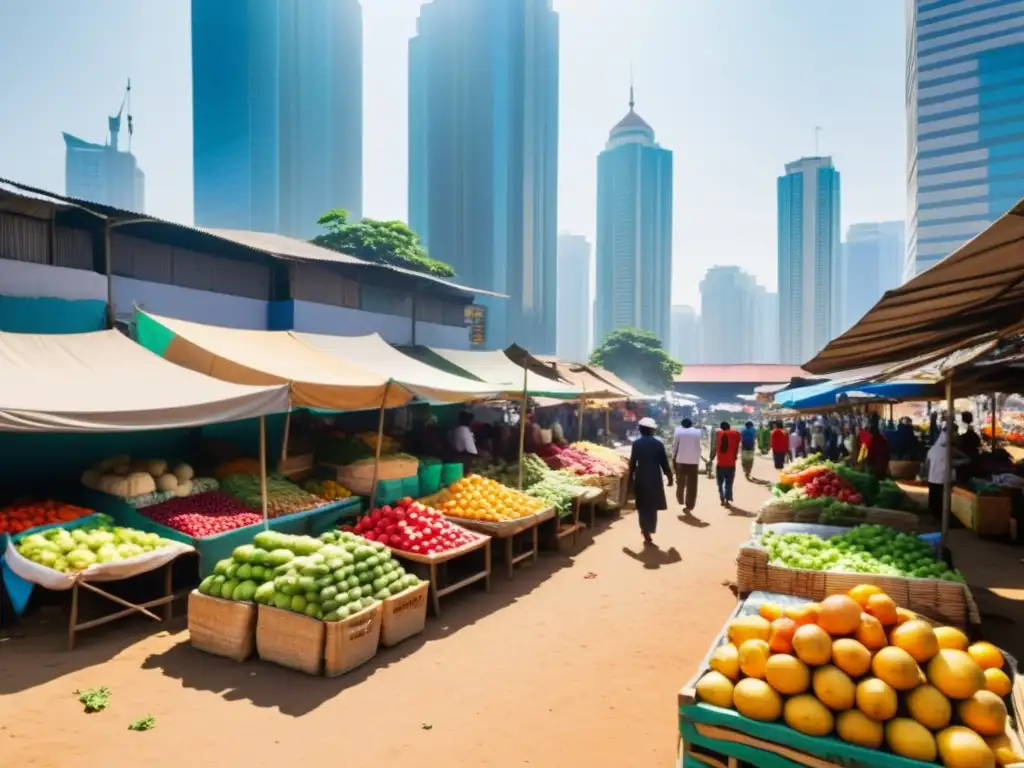 Un bullicioso mercado en un país en desarrollo, con vendedores ofreciendo frutas, verduras y artesanías