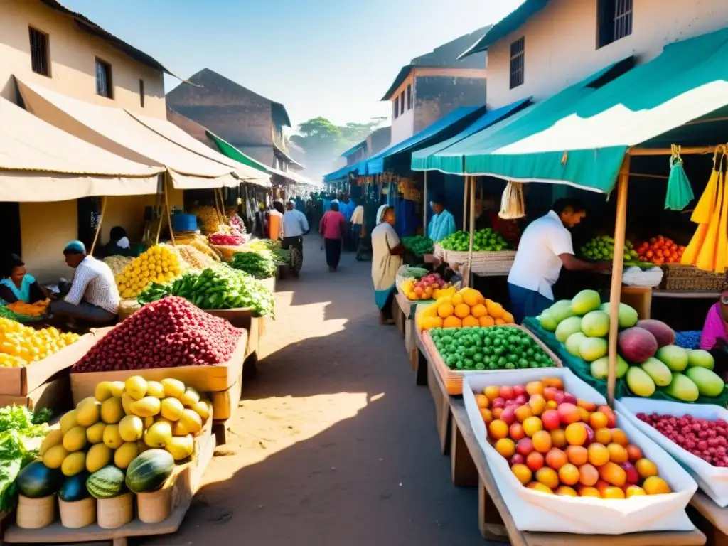 Un bullicioso mercado en un país en desarrollo, lleno de colores y energía