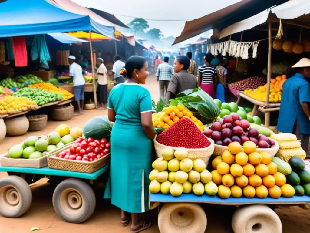 Un bullicioso mercado en un país en desarrollo, lleno de vendedores y coloridos productos