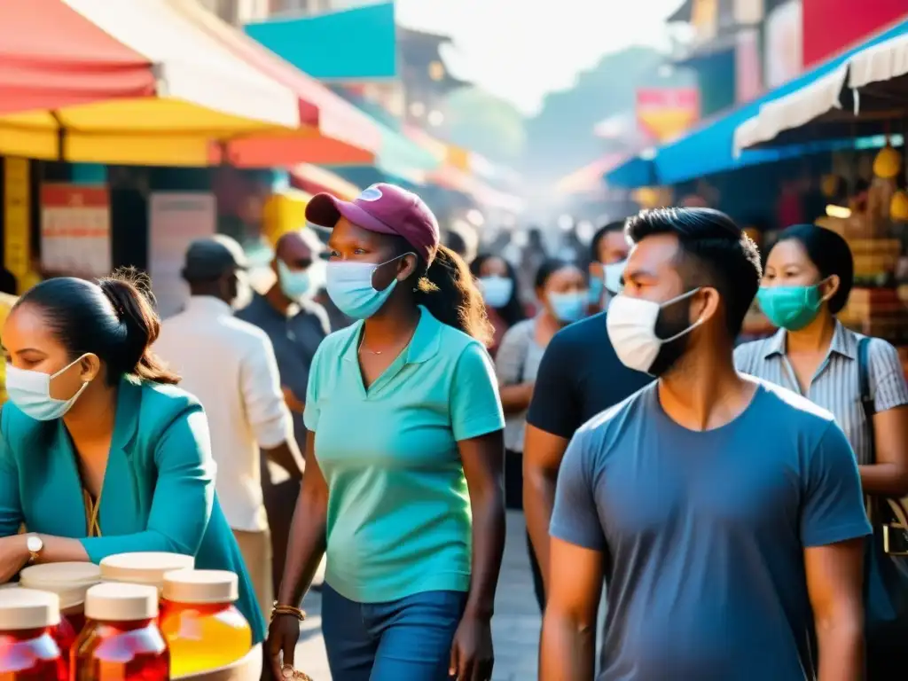 En un bullicioso mercado, personas con mascarillas mantienen distancia mientras intercambian bienes