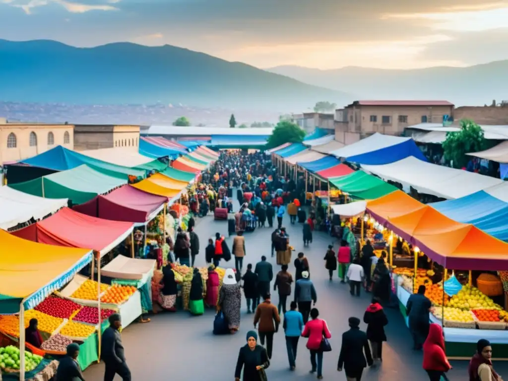 Un bullicioso mercado urbano en un país de acogida, con una diversa multitud y coloridas frutas y textiles