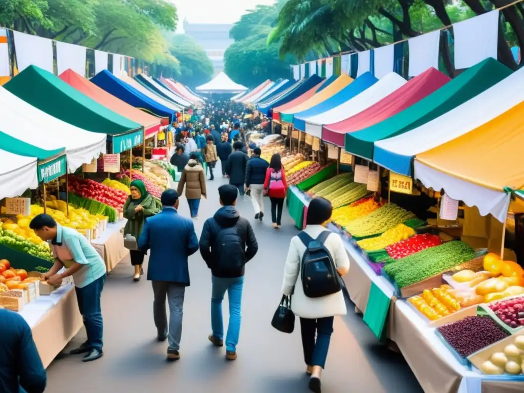 Un bullicioso mercado con vendedores y compradores, colores vibrantes y diversidad humana, reflejando el impacto de la IA en el comercio