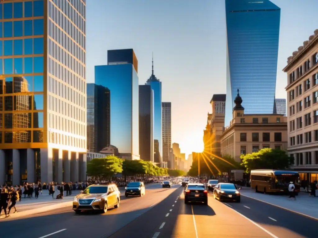 Un bullicioso skyline urbano al atardecer, con rascacielos que proyectan largas sombras sobre calles llenas de gente y vehículos