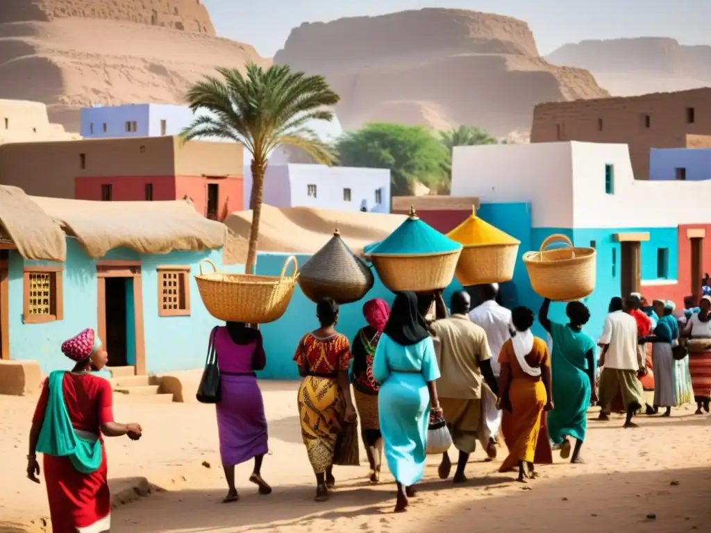 El bullicioso y vibrante escenario de una aldea nubia, con casas coloridas e intrincadamente decoradas