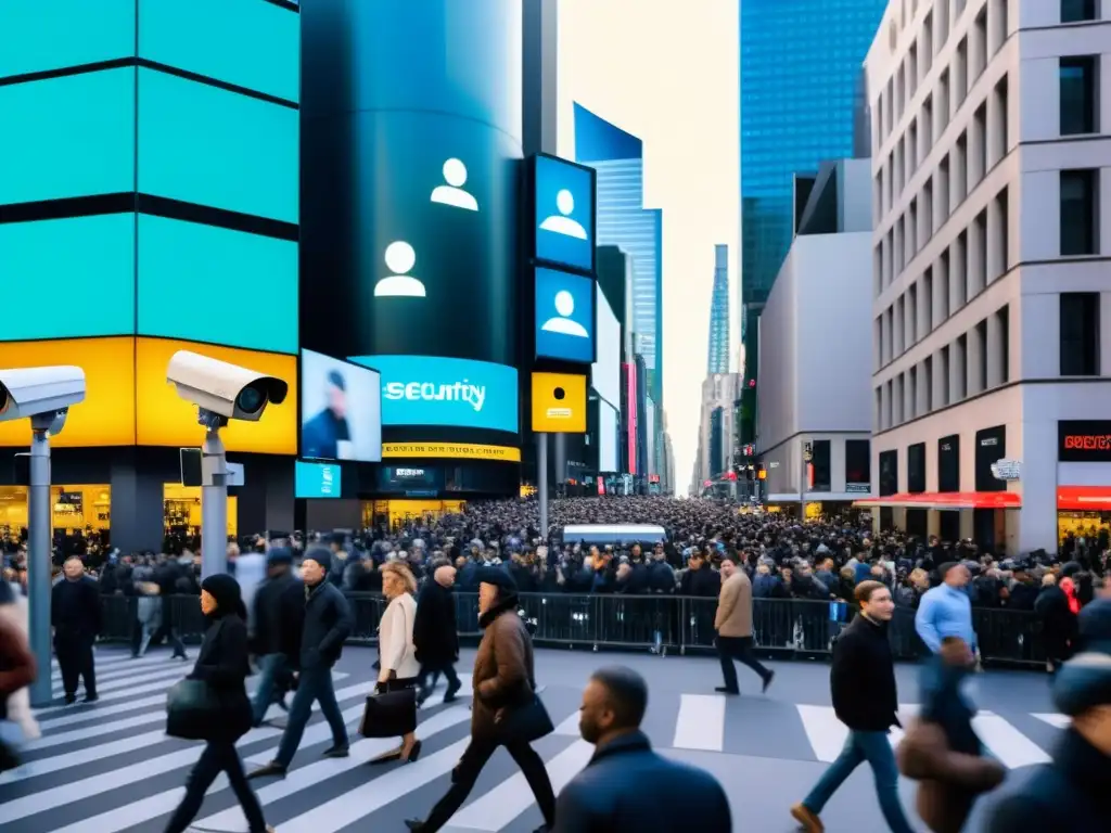 Una calle abarrotada de la ciudad con cámaras de seguridad en cada esquina, evocando vigilancia masiva y privacidad global en la era digital