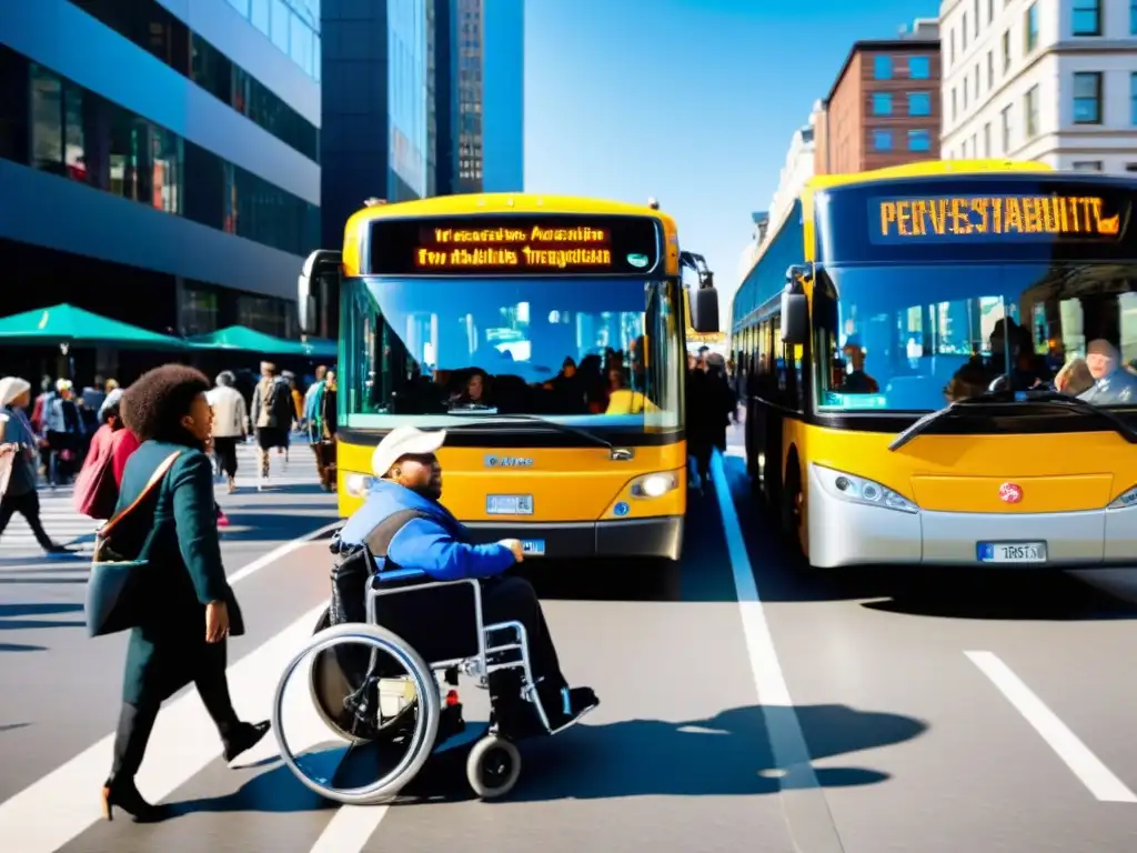 Una calle bulliciosa muestra avances en transporte accesible para discapacitados, con personas con diversidad funcional integrándose en la ciudad