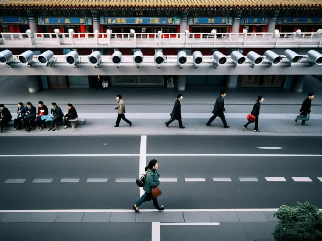 Una calle bulliciosa en Beijing, China, llena de cámaras de vigilancia y personas viviendo bajo el ojo atento del gobierno