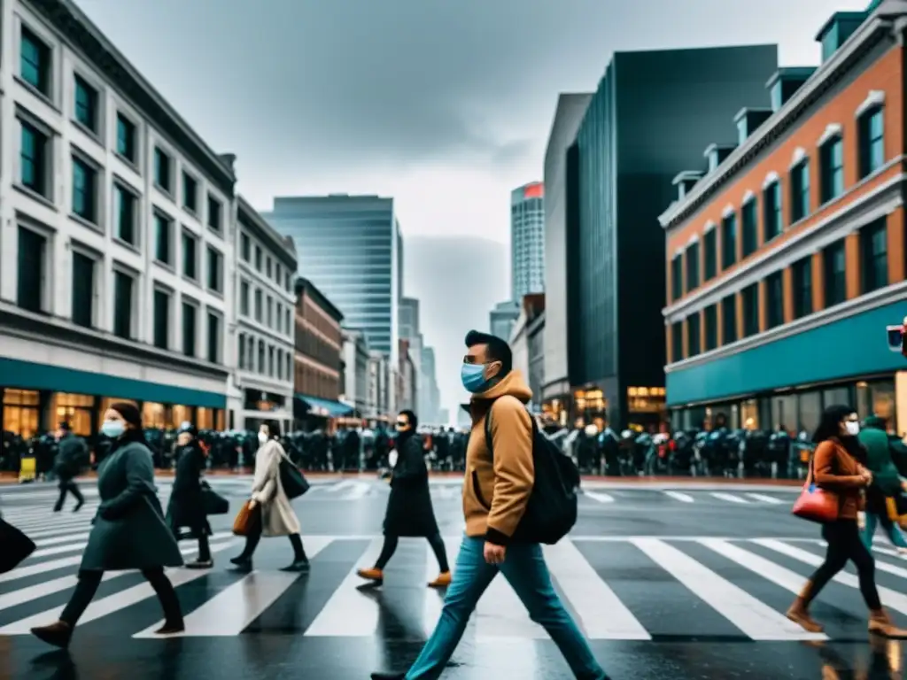 Una calle bulliciosa de la ciudad con peatones enmascarados y edificios antiguos y modernos