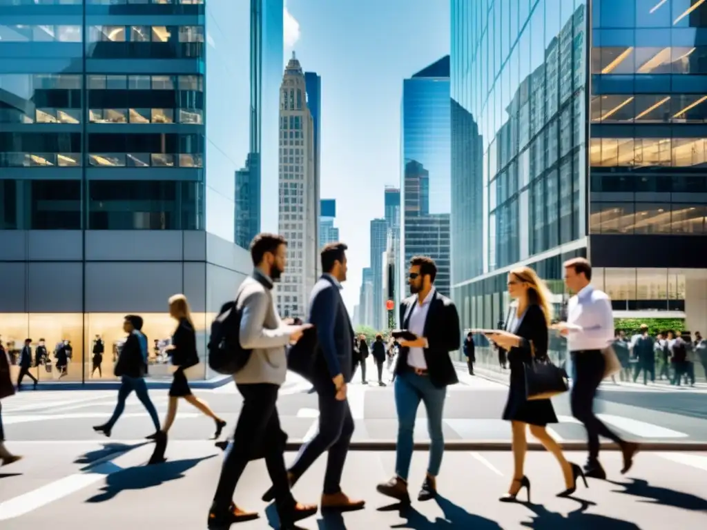 Una calle bulliciosa de la ciudad con rascacielos de cristal