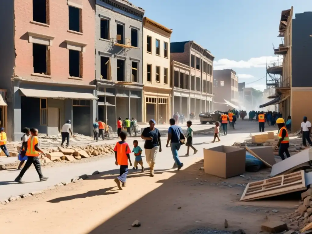 Una calle bulliciosa llena de diversidad, reconstrucción de comunidades post-guerra, esperanza y determinación para reconstruir y prosperar