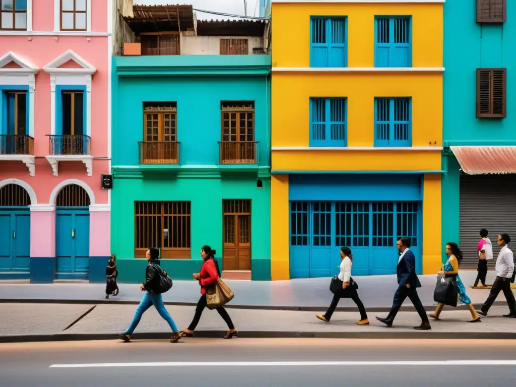 Una calle bulliciosa en América del Sur, con gente y edificios coloridos