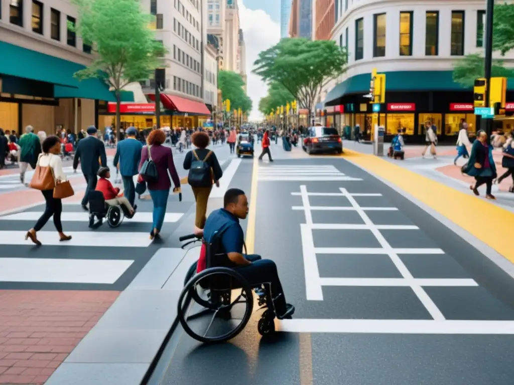 Una calle de la ciudad bulliciosa con personas diversas y accesibilidad universal, reflejando derechos humanos en el diseño urbano inclusivo