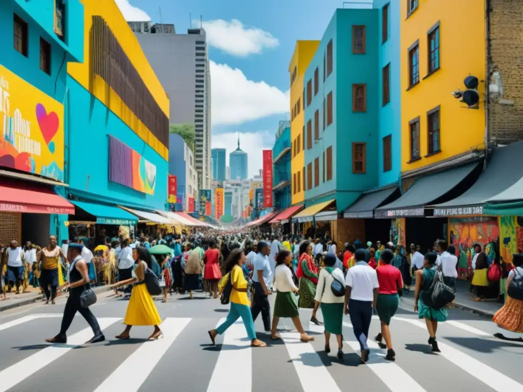 Una calle urbana bulliciosa con diversas actividades culturales, reflejando la diversidad y los desafíos de los derechos culturales urbanos