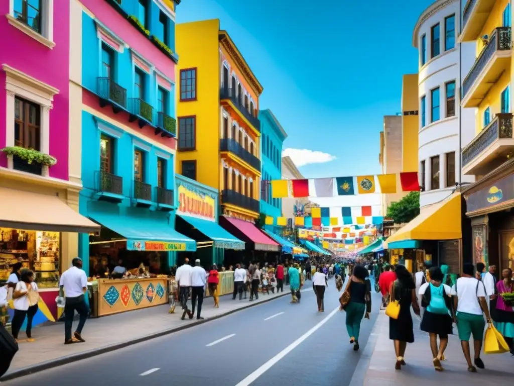 Una calle urbana bulliciosa llena de diversidad cultural y actividades como arte callejero, música, baile y preparación de alimentos