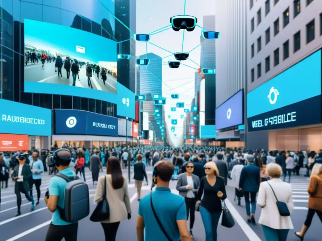 Una calle urbana bulliciosa con personas usando gafas de realidad aumentada, mostrando datos interconectados y cámaras de vigilancia, resaltando la compleja relación entre la privacidad individual y las tecnologías emergentes