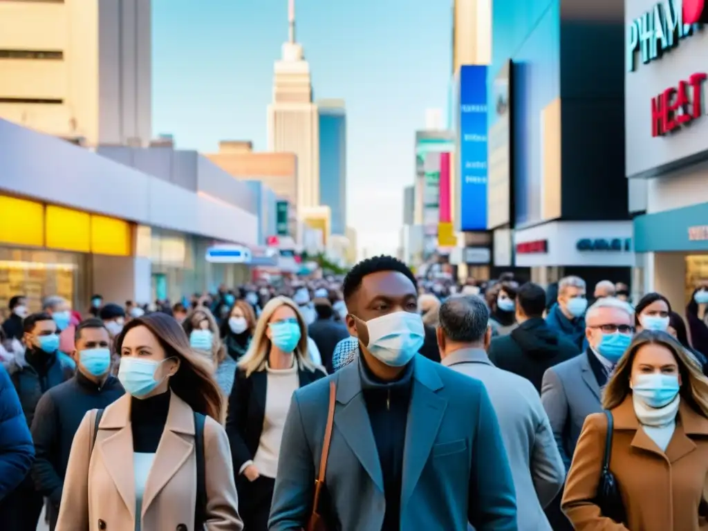 Una calle urbana bulliciosa con personas usando mascarillas, algunas caminando rápidamente y otras haciendo fila afuera de una farmacia