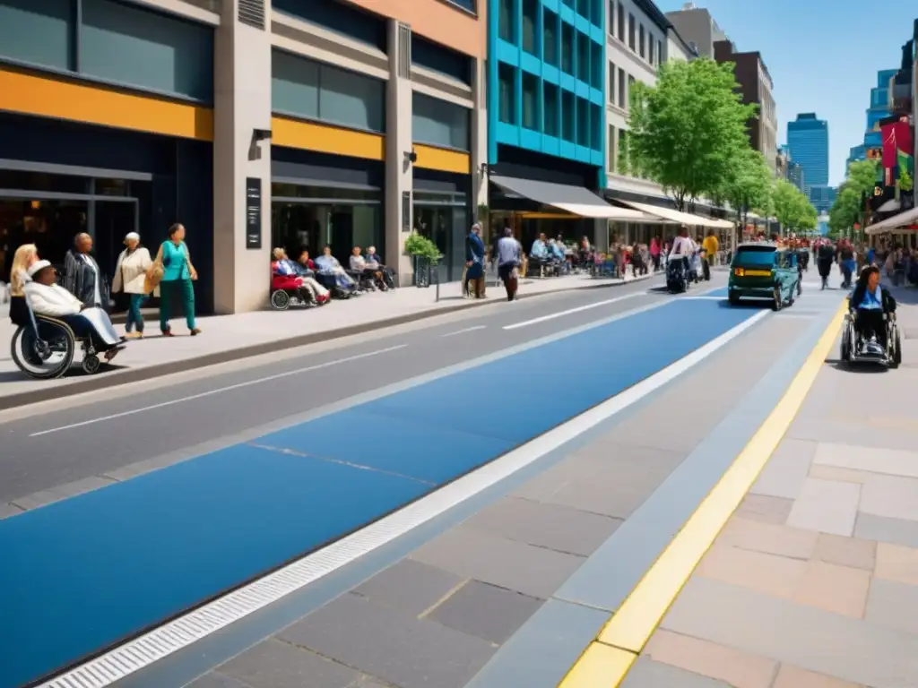 Una calle urbana bulliciosa con diseño universal para derechos humanos, inclusiva y accesible para todos