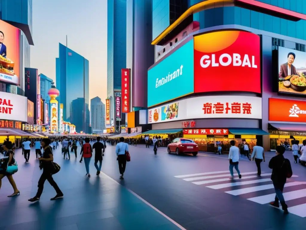 Una calle vibrante y bulliciosa en una gran ciudad que refleja el impacto de la globalización en los derechos culturales, con carteles luminosos y una variedad de entretenimiento multicultural