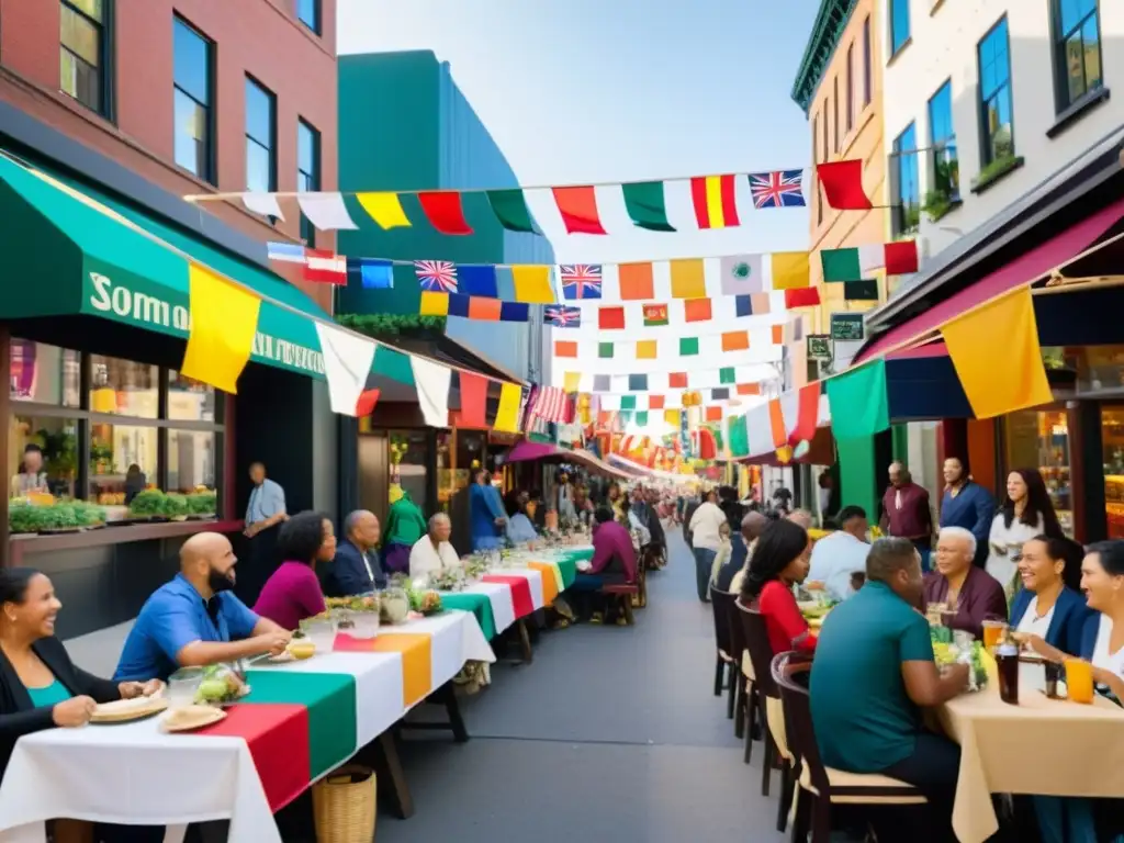 Una calle vibrante y bulliciosa llena de personas de diversas culturas, cada una involucrada en actividades que reflejan su herencia