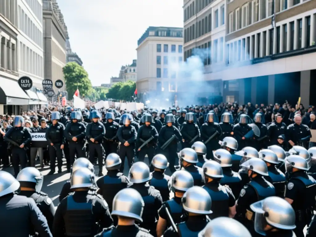 Manifestación callejera con protestas y policía, reflejando el derecho a la protesta y la represión