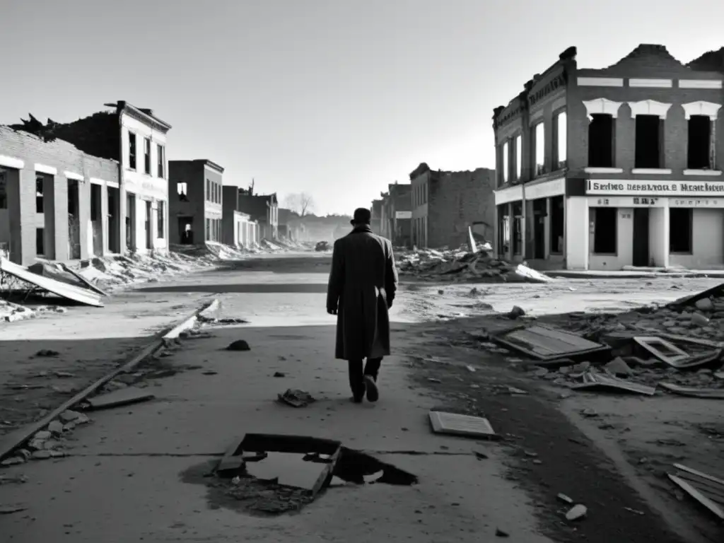 Un callejón desolado y destruido por la guerra, con escombros esparcidos y un solitario caminante, capturando las secuelas de conflictos olvidados