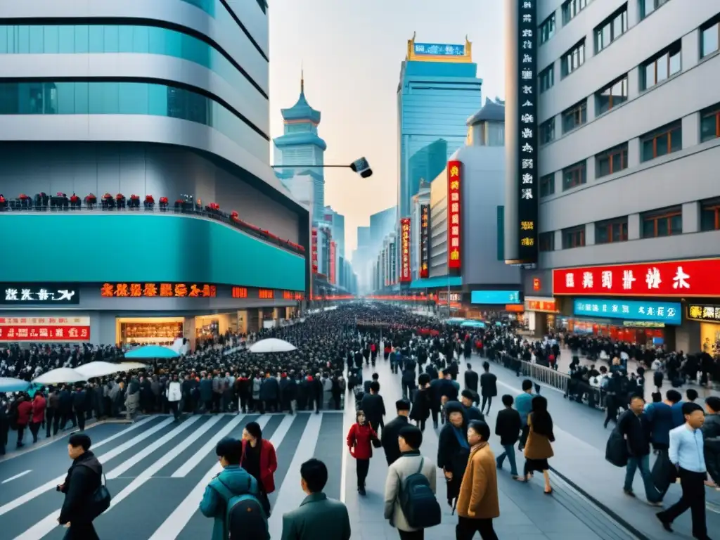 Calles bulliciosas de una ciudad china, con cámaras de vigilancia en cada edificio