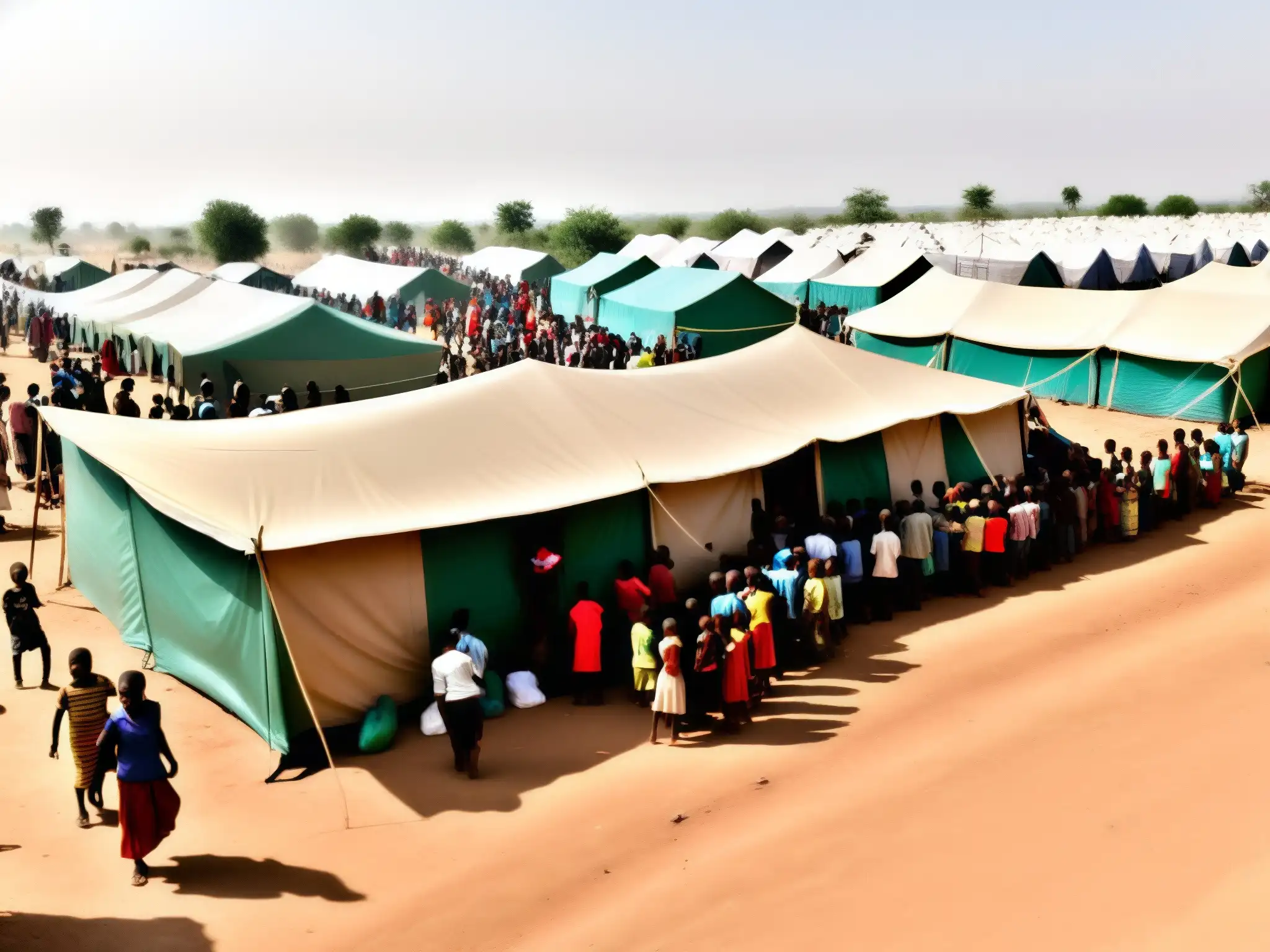 Campamento abarrotado de desplazados internos en región en conflicto, reflejando la crisis humanitaria y la resiliencia del pueblo