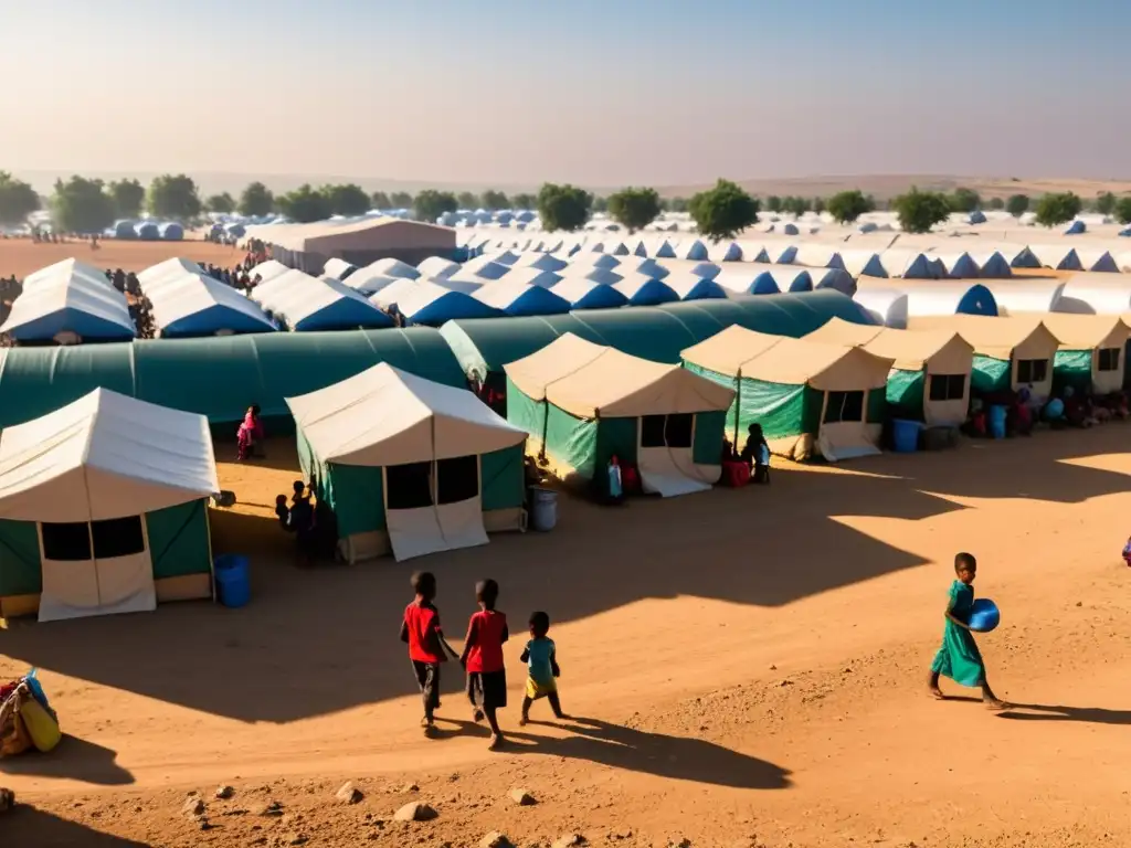 Campamento de refugiados en la hora dorada: familias, niños y ayuda humanitaria en un ambiente de esperanza y solidaridad