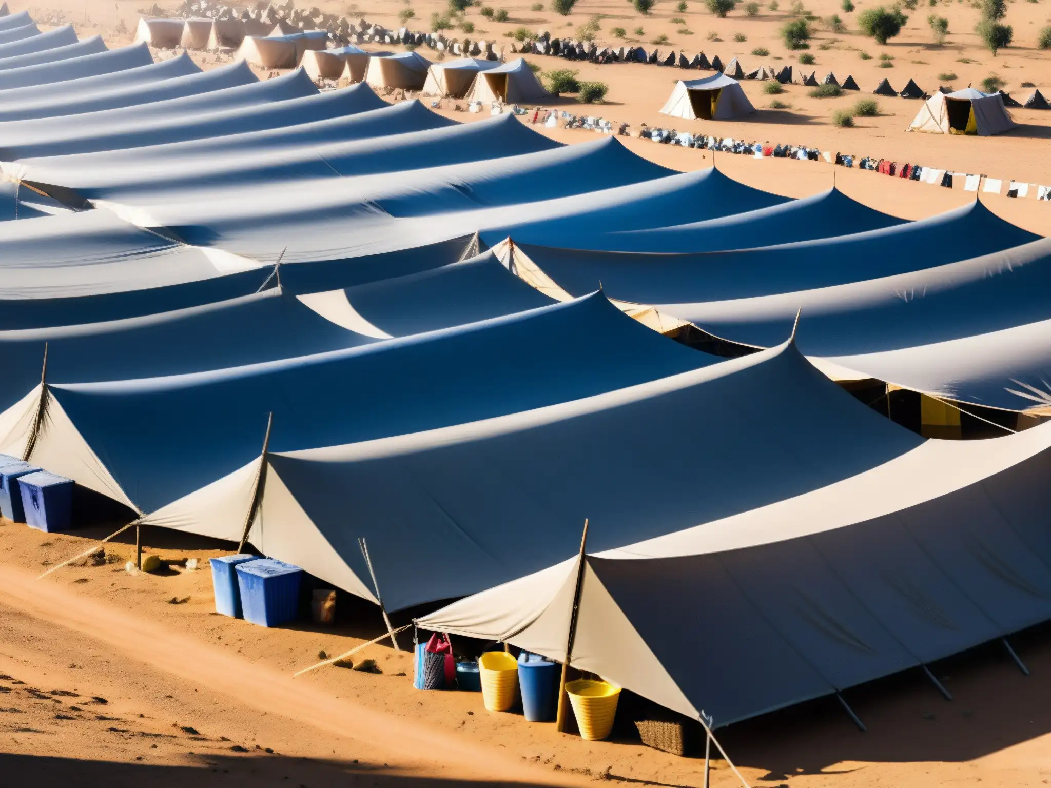 Un campamento de refugiados en un paisaje árido, con tiendas desgastadas y gente luchando por sobrevivir