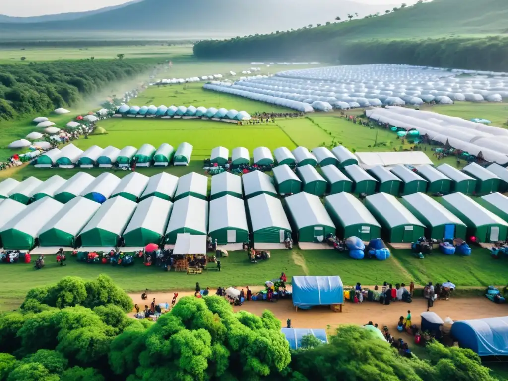 Un campamento de refugiados con refugios temporales, gente, naturaleza exuberante