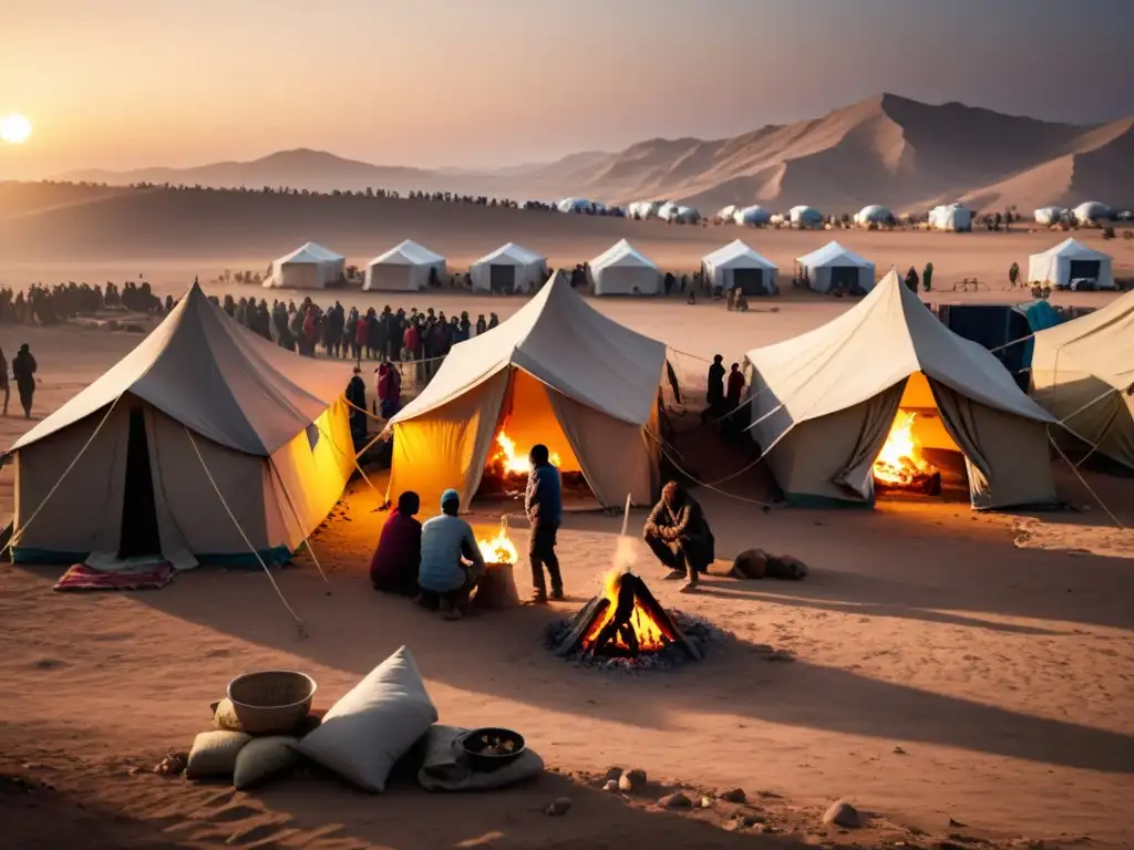 Campamento de refugiados en tierra árida al atardecer, destaca el impacto ambiental de estos asentamientos precarios