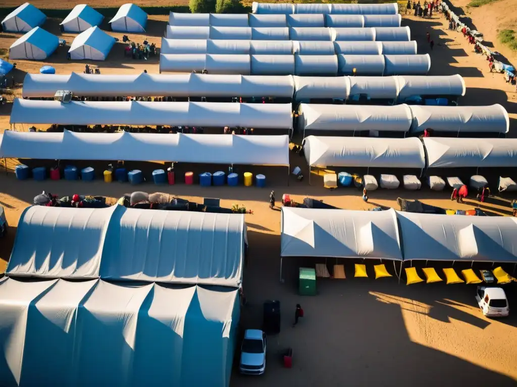 Un campamento de trabajadores migrantes extranjeros, con refugios temporales y actividades diarias, iluminado por la cálida luz del atardecer