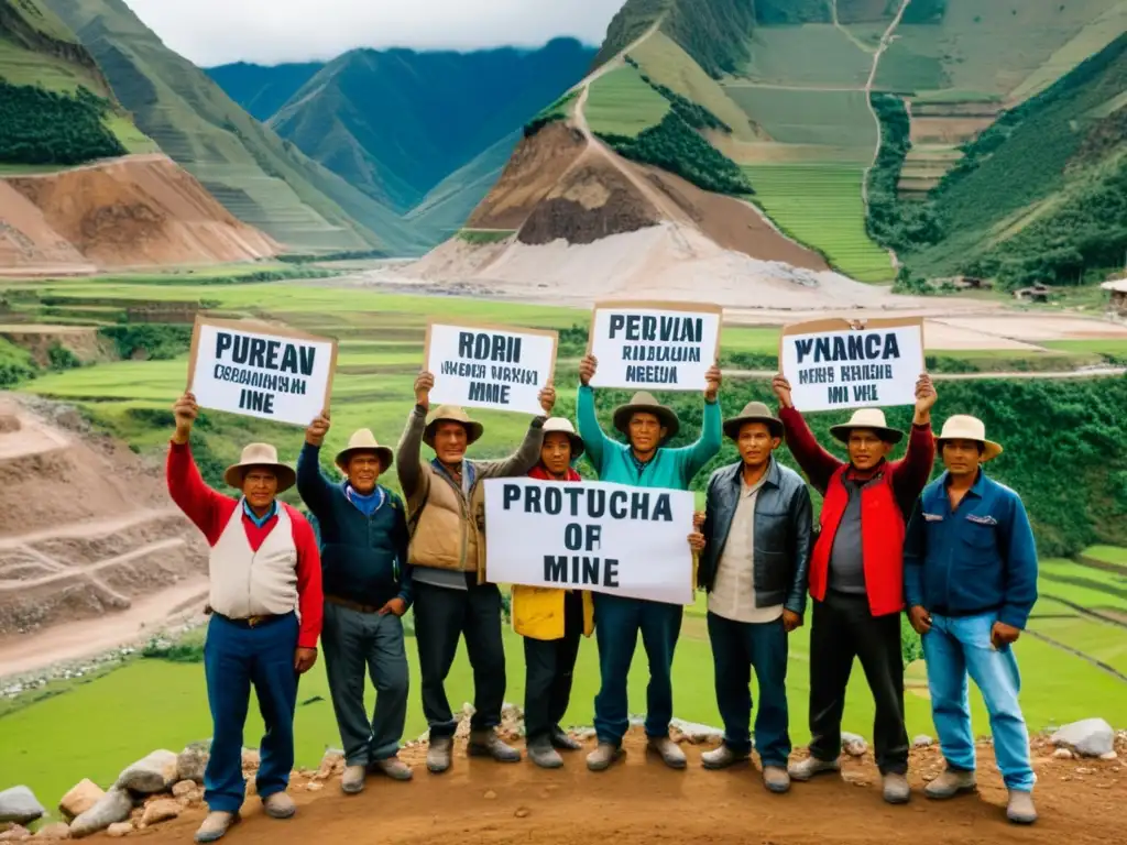 Campesinos peruanos luchando por derechos humanos en la mina Yanacocha, contrastando con la belleza natural de la región montañosa