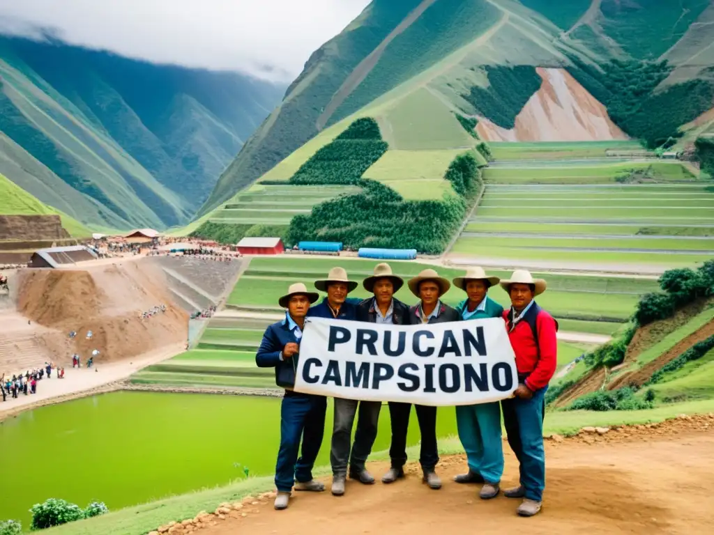 Campesinos peruanos desafiantes frente a la mina Yanacocha