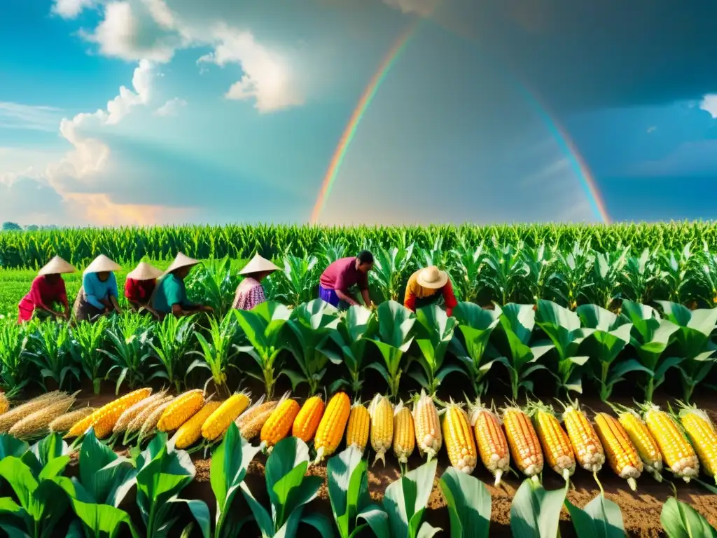 Un campo agrícola diverso con agricultores de distintas culturas trabajando juntos en armonía, reflejando el derecho a la seguridad alimentaria