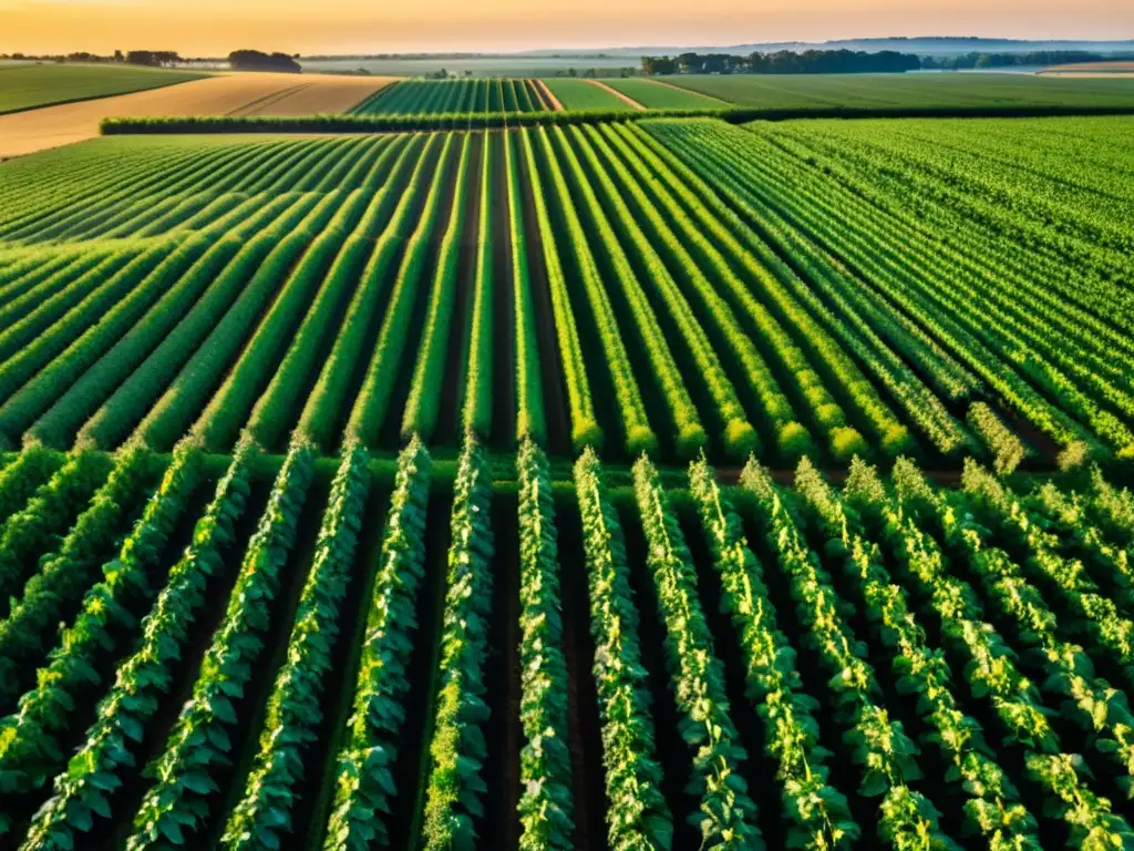 Un campo agrícola extenso y exuberante con cultivos vibrantes en patrones simétricos